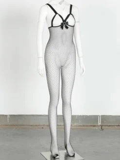 Bas autofixant en nylon noir clair avec noeud en mailles