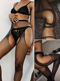 Bas Collants Femmes en Paillettes Transparentes Creusants Taille Haute Unicolore Sexy Bas Autofixants