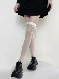 Bas cuissardes Sweet Lolita transparents à volants et nœuds chaussettes hautes transparentes