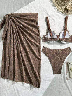 Bikini 3 pièces en dentelle crochetée à motif de feuilles avec jupe paréo