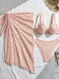 Bikini 3 pièces en dentelle crochetée à motif de feuilles avec jupe paréo