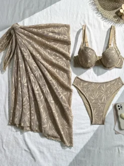 Bikini 3 pièces en dentelle crochetée à motif de feuilles avec jupe paréo
