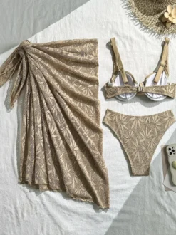 Bikini 3 pièces en dentelle crochetée à motif de feuilles avec jupe paréo
