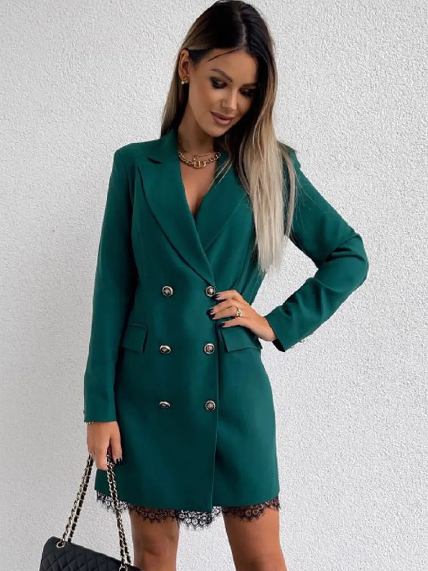 Blazer Court Femme avec Manches Longues à Col Revers Coupe Cintrée avec Boutons Unicolore