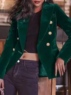Blazer croisé en velours à revers et boutons dorés coupe cintrée élégante manches longues pour femme