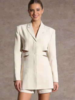 Blazer découpé pour femme - Veste longue beige élégante à un bouton coupe ajustée - Idéale pour le printemps 2026 du bureau au dîner