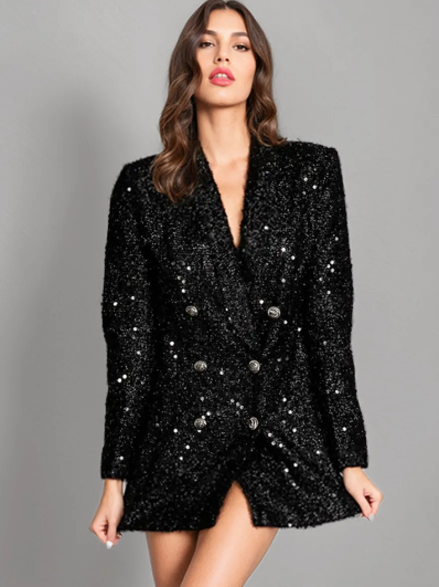 Blazer Femme Chic Polyester Col Rabattu Bouton Paillettes Manches Longues