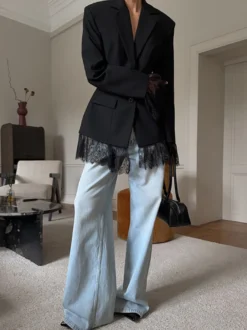 Blazer femme coupe sablier orné de dentelle - Veste de tailleur slim à manches évasées - Tenues chics streetwear et formelles 2026