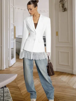 Blazer femme coupe sablier orné de dentelle - Veste de tailleur slim à manches évasées - Tenues chics streetwear et formelles 2026