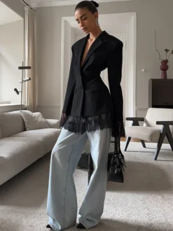 Blazer femme coupe sablier orné de dentelle - Veste de tailleur slim à manches évasées - Tenues chics streetwear et formelles 2026
