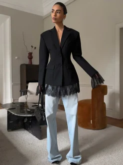Blazer femme coupe sablier orné de dentelle - Veste de tailleur slim à manches évasées - Tenues chics streetwear et formelles 2026