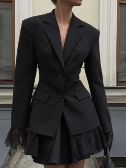 Blazer femme coupe sablier orné de dentelle - Veste de tailleur slim à manches évasées - Tenues chics streetwear et formelles 2026
