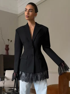 Blazer femme coupe sablier orné de dentelle - Veste de tailleur slim à manches évasées - Tenues chics streetwear et formelles 2026