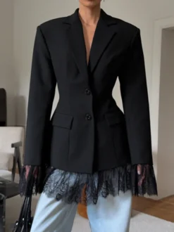 Blazer femme coupe sablier orné de dentelle - Veste de tailleur slim à manches évasées - Tenues chics streetwear et formelles 2026