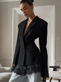 Blazer femme coupe sablier orné de dentelle - Veste de tailleur slim à manches évasées - Tenues chics streetwear et formelles 2026