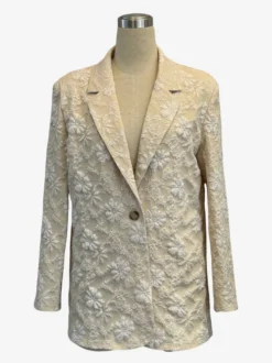Blazer femme en jacquard floral - Veste élégante à un bouton coupe classique ornée d'une fleur en relief 3D - Style vintage chic idéal pour les mariages de printemps 2026