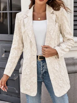 Blazer femme en jacquard floral - Veste élégante à un bouton coupe classique ornée d'une fleur en relief 3D - Style vintage chic idéal pour les mariages de printemps 2026