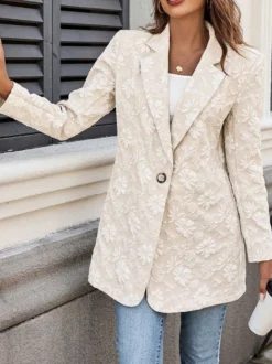 Blazer femme en jacquard floral - Veste élégante à un bouton coupe classique ornée d'une fleur en relief 3D - Style vintage chic idéal pour les mariages de printemps 2026