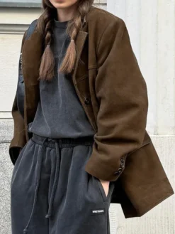 Blazer Femme Moderne En Daim Col Rabattu Manches Longues