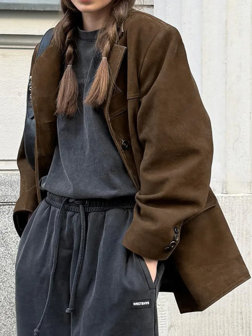 Blazer Femme Moderne En Daim Col Rabattu Manches Longues