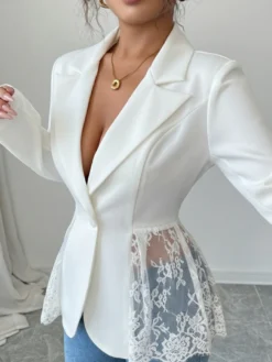 Blazer femme patchwork en dentelle - Coupe slim sexy avec ourlet transparent - Vêtements d'extérieur pour les soirées printanières 2026