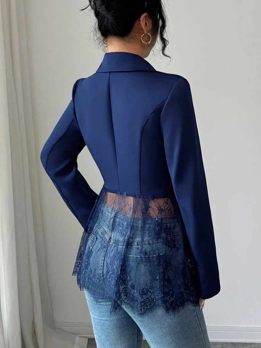 Blazer femme patchwork en dentelle - Coupe slim sexy avec ourlet transparent - Vêtements d'extérieur pour les soirées printanières 2026