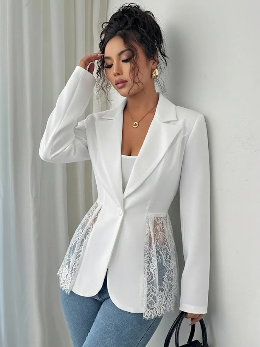 Blazer femme patchwork en dentelle - Coupe slim sexy avec ourlet transparent - Vêtements d'extérieur pour les soirées printanières 2026