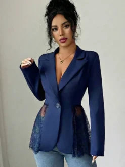 Blazer femme patchwork en dentelle - Coupe slim sexy avec ourlet transparent - Vêtements d'extérieur pour les soirées printanières 2026