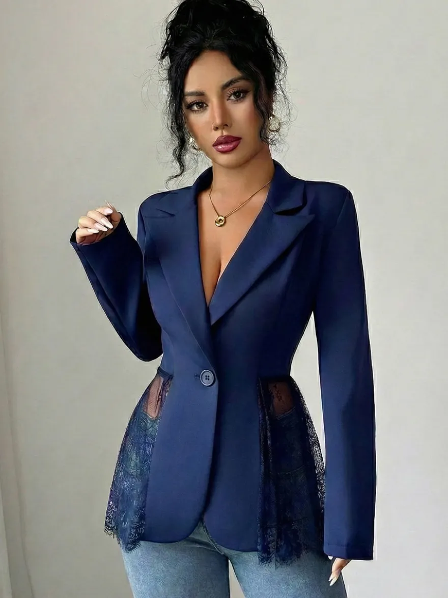 Blazer femme patchwork en dentelle - Coupe slim sexy avec ourlet transparent - Vêtements d'extérieur pour les soirées printanières 2026
