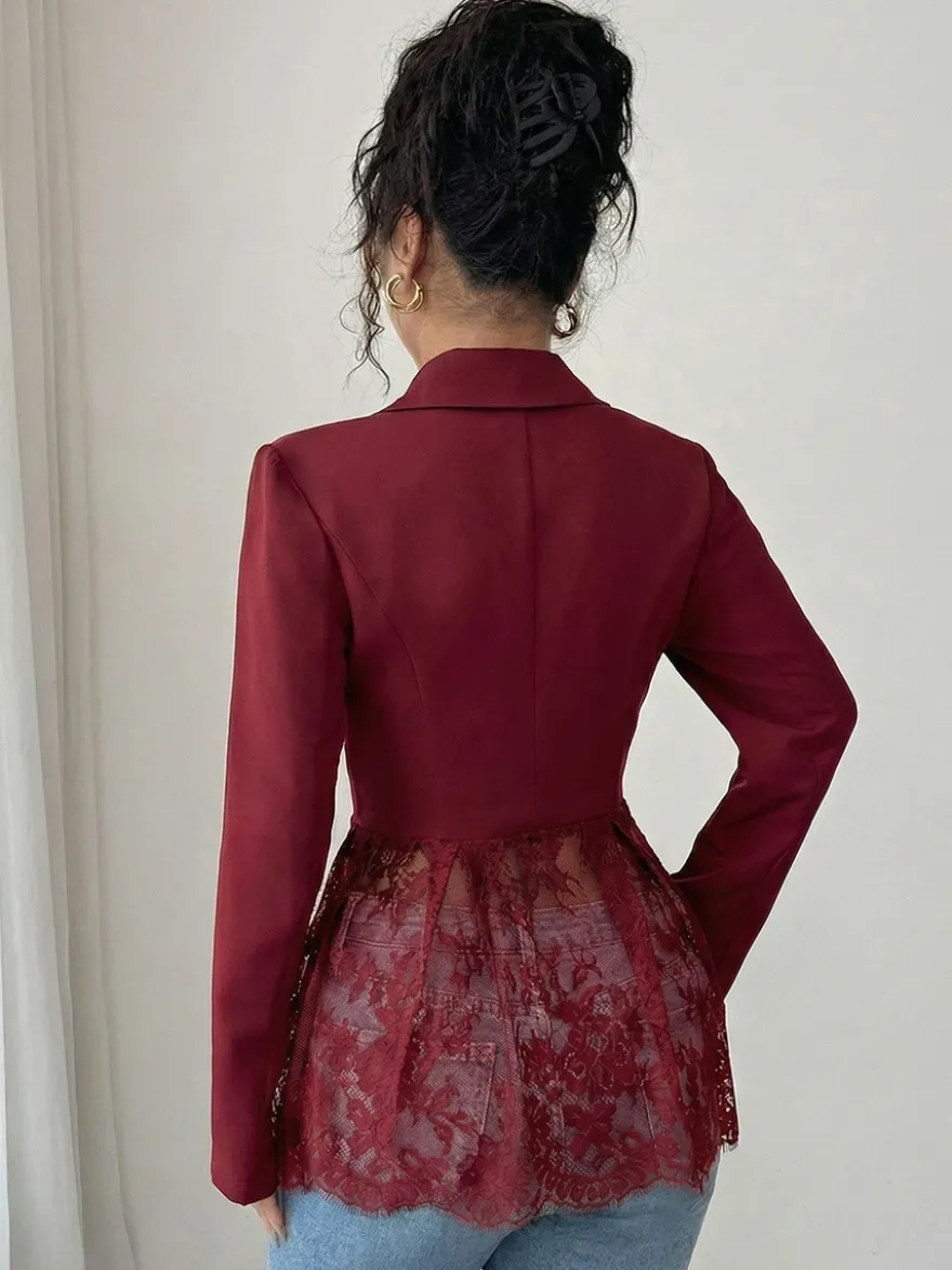 Blazer femme patchwork en dentelle - Coupe slim sexy avec ourlet transparent - Vêtements d'extérieur pour les soirées printanières 2026