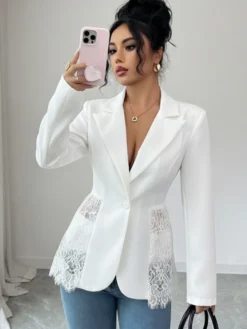 Blazer femme patchwork en dentelle - Coupe slim sexy avec ourlet transparent - Vêtements d'extérieur pour les soirées printanières 2026