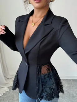 Blazer femme patchwork en dentelle - Coupe slim sexy avec ourlet transparent - Vêtements d'extérieur pour les soirées printanières 2026