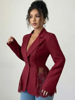 Blazer femme patchwork en dentelle - Coupe slim sexy avec ourlet transparent - Vêtements d'extérieur pour les soirées printanières 2026