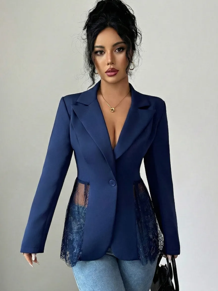 Blazer femme patchwork en dentelle - Coupe slim sexy avec ourlet transparent - Vêtements d'extérieur pour les soirées printanières 2026