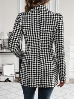 Blazer pied-de-poule pour femme coupe décontractée manches longues à revers et poches