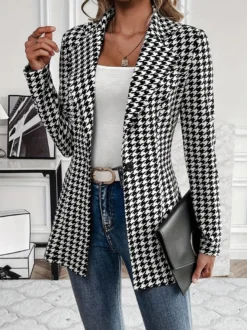 Blazer pied-de-poule pour femme coupe décontractée manches longues à revers et poches
