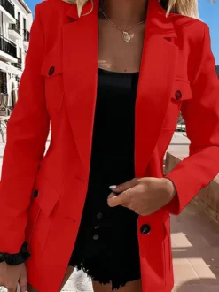 Blazer à revers ouvert sur le devant poches multiples manches longues veste de bureau élégante et décontractée pour femme