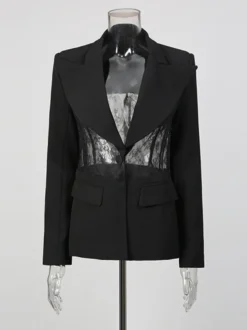 Blazer sexy en dentelle patchwork pour femme - Veste de tailleur noire gothique en maille transparente à taille cintrée - Soirée de printemps 2026