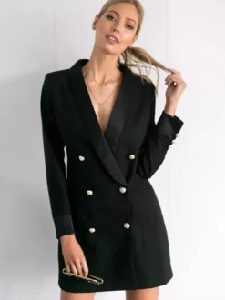 Blazer Veste Double Boutonnage Col V Robe Veste Pour Femme Manteau Chic
