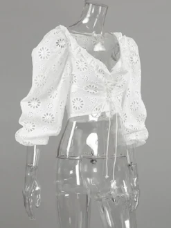 Blouse blanche à lacets pour femme col en V manches courtes en coton chic