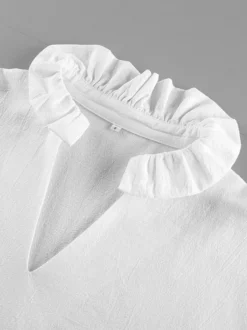 Blouse 100 % coton pour femme style bohème chic - Col à volants blanc manches lanternes col en V - Vacances à la plage 2026