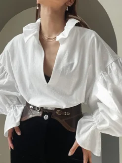 Blouse 100 % coton pour femme style bohème chic - Col à volants blanc manches lanternes col en V - Vacances à la plage 2026