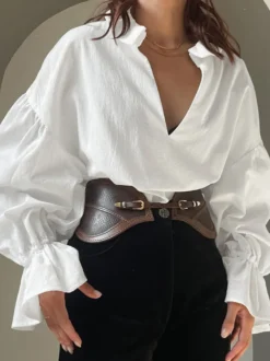 Blouse 100 % coton pour femme style bohème chic - Col à volants blanc manches lanternes col en V - Vacances à la plage 2026