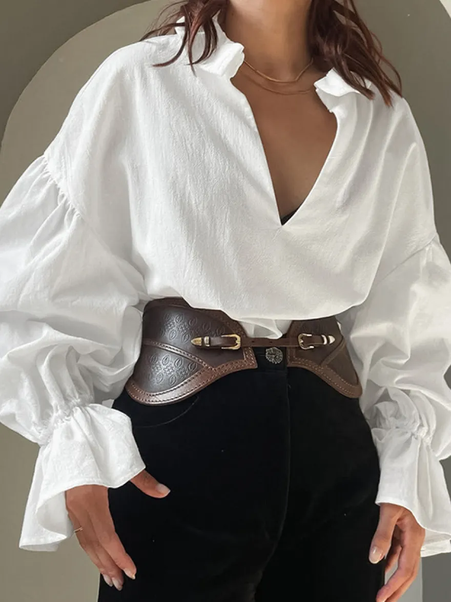 Blouse 100 % coton pour femme style bohème chic - Col à volants blanc manches lanternes col en V - Vacances à la plage 2026