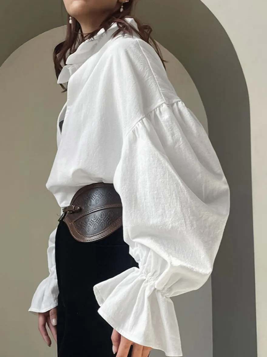 Blouse 100 % coton pour femme style bohème chic - Col à volants blanc manches lanternes col en V - Vacances à la plage 2026