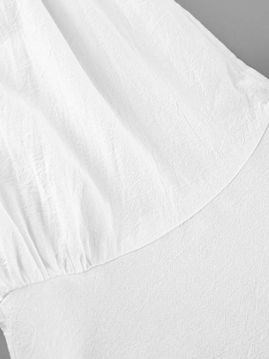Blouse 100 % coton pour femme style bohème chic - Col à volants blanc manches lanternes col en V - Vacances à la plage 2026