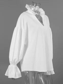 Blouse 100 % coton pour femme style bohème chic - Col à volants blanc manches lanternes col en V - Vacances à la plage 2026