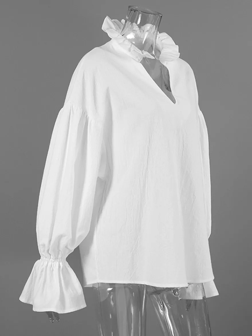 Blouse 100 % coton pour femme style bohème chic - Col à volants blanc manches lanternes col en V - Vacances à la plage 2026