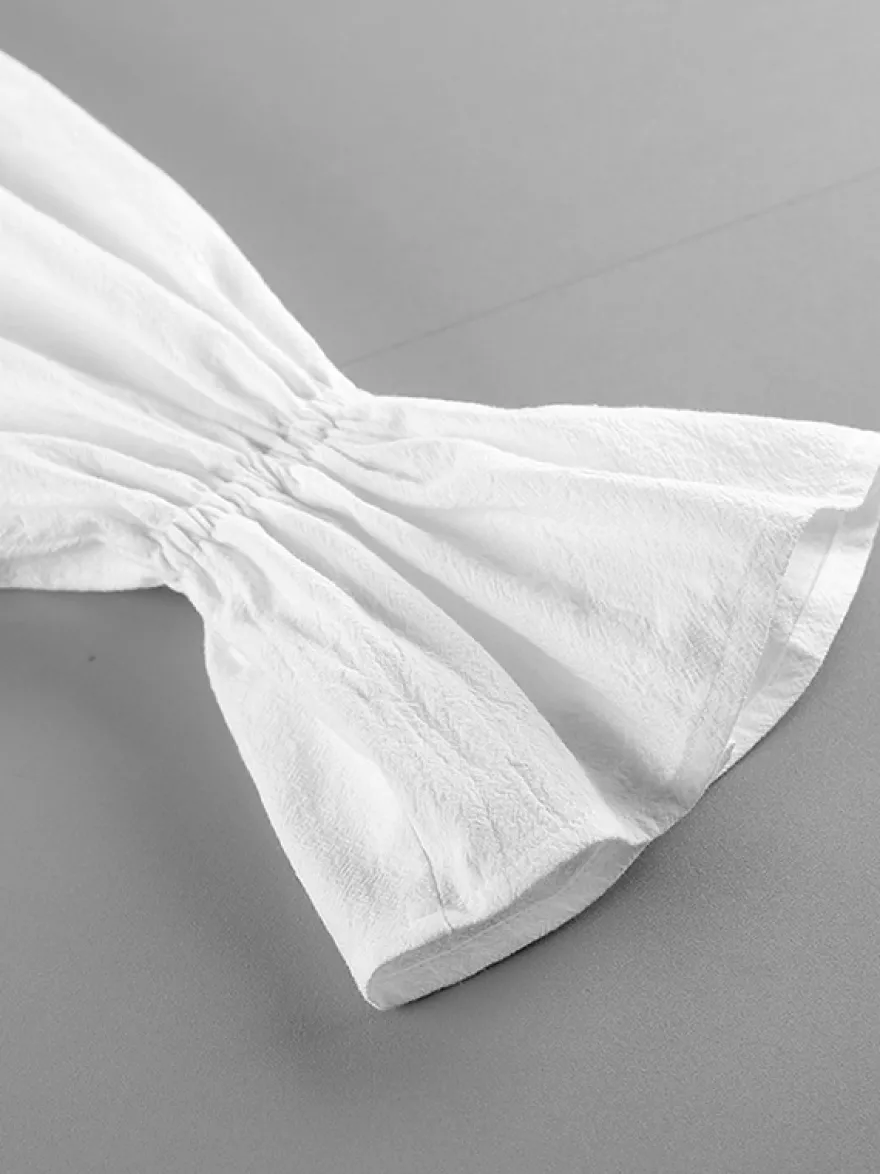 Blouse 100 % coton pour femme style bohème chic - Col à volants blanc manches lanternes col en V - Vacances à la plage 2026