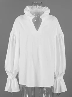 Blouse 100 % coton pour femme style bohème chic - Col à volants blanc manches lanternes col en V - Vacances à la plage 2026